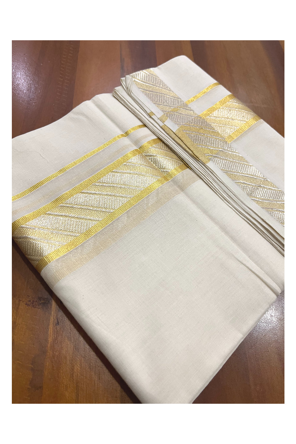 Southloom Premium Balaramapuram Wedding Handloom Mundu with Golden and Silver Kasavu Woven Design Border (South Indian Kerala Dhoti)