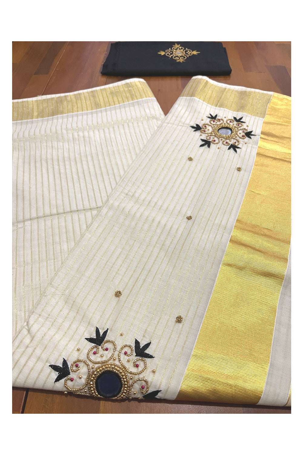 Kerala Cotton Kasavu Lines Design and Bead Work Saree with Seperate Black Blouse Piece