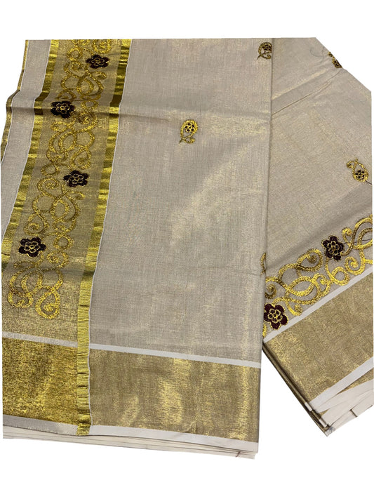 Southloom Kerala Tissue Kasavu Saree with Golden Embroidery Work on Body