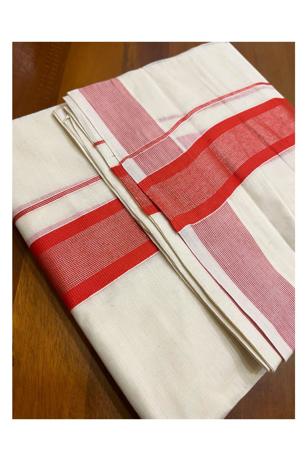 Kerala Pure Cotton Double Mundu with Orange and Silver Kasavu Border (South Indian Kerala Dhoti)