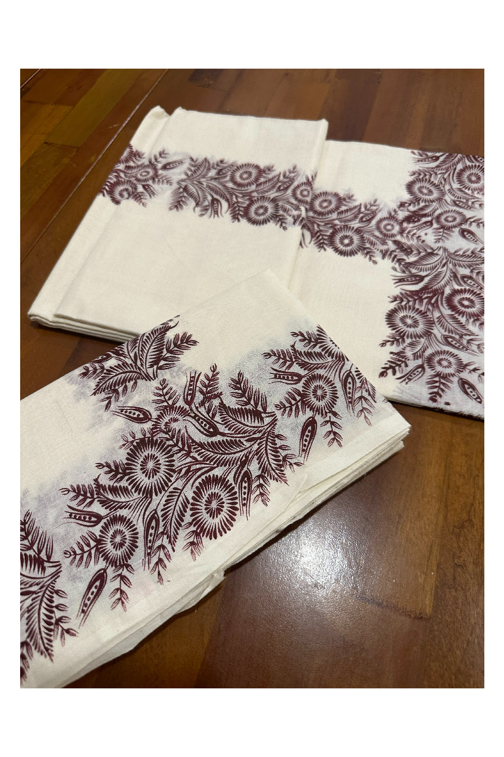 Kerala Cotton Set Mundu (Mundum Neriyathum) with Brown Floral Block Printed Border (Onam Set Mundu 2023)