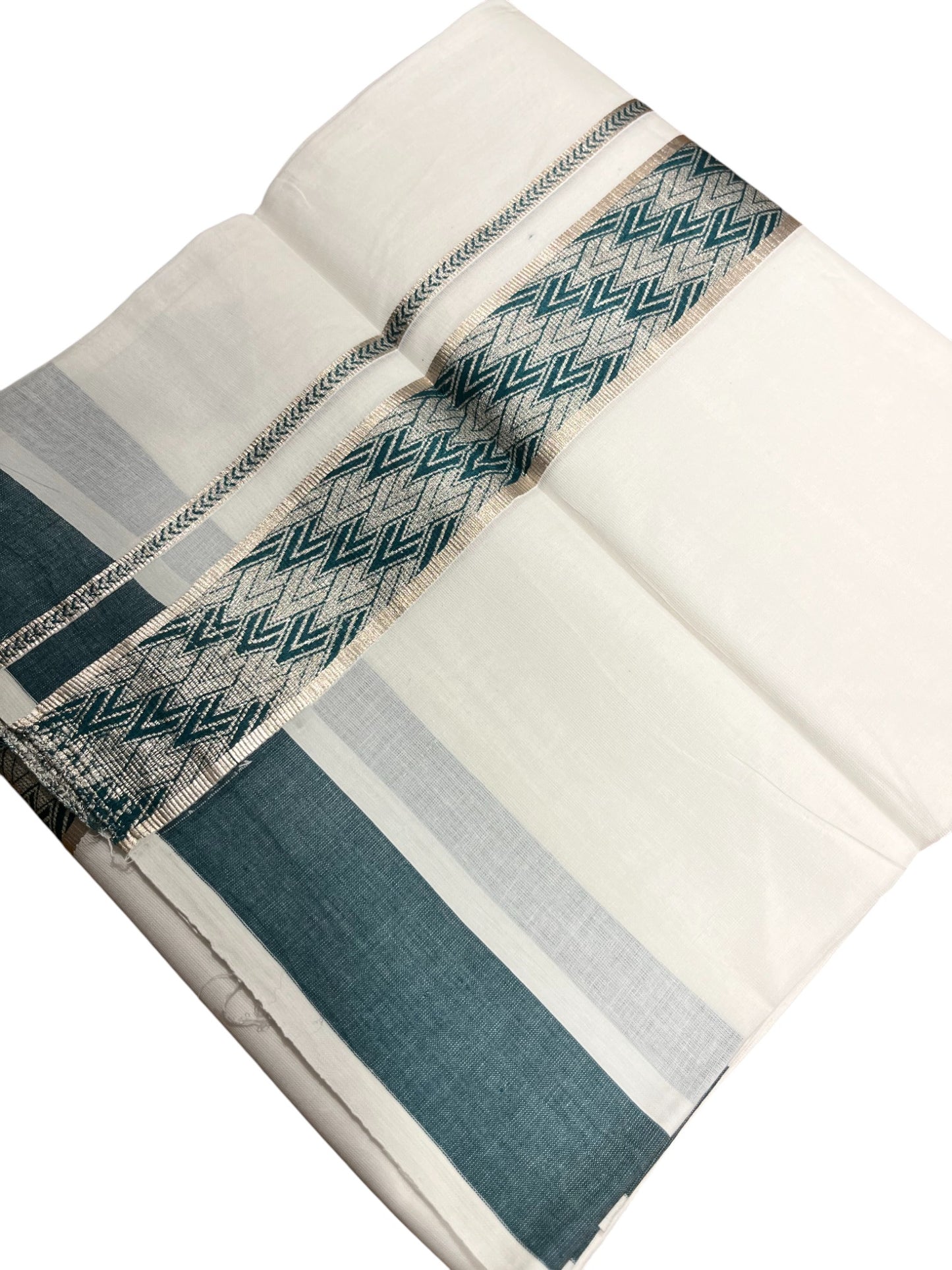 Southloom Kerala Pure White Cotton Double Mundu with Silver Lines & Green Border (South Indian Dhoti)
