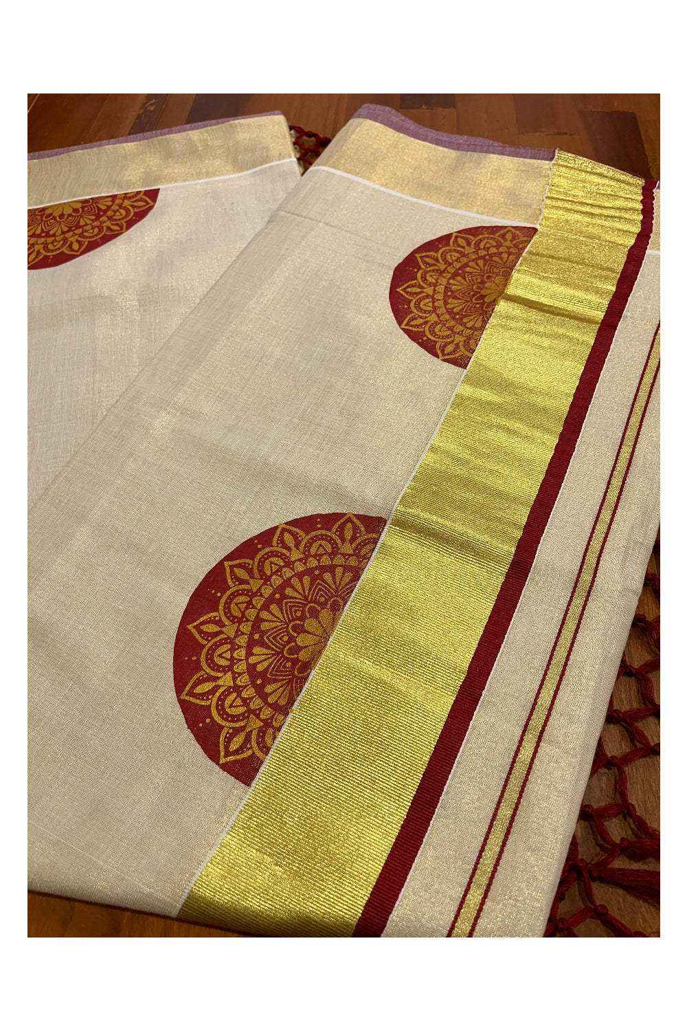 Kerala Tissue Kasavu Saree with Brown Block Prints and Kasavu Maroon Border