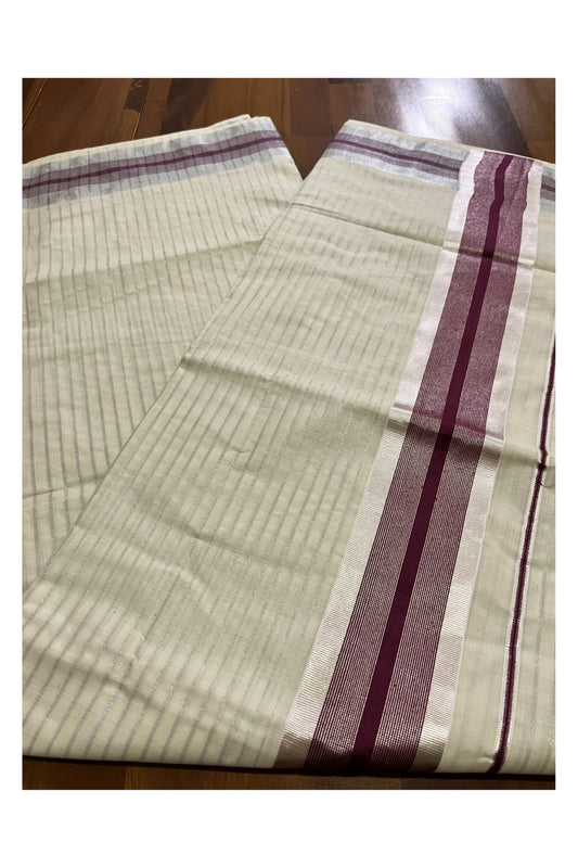 Pure Cotton Kerala Saree with Silver Kasavu Lines Across Body and Purple Border
