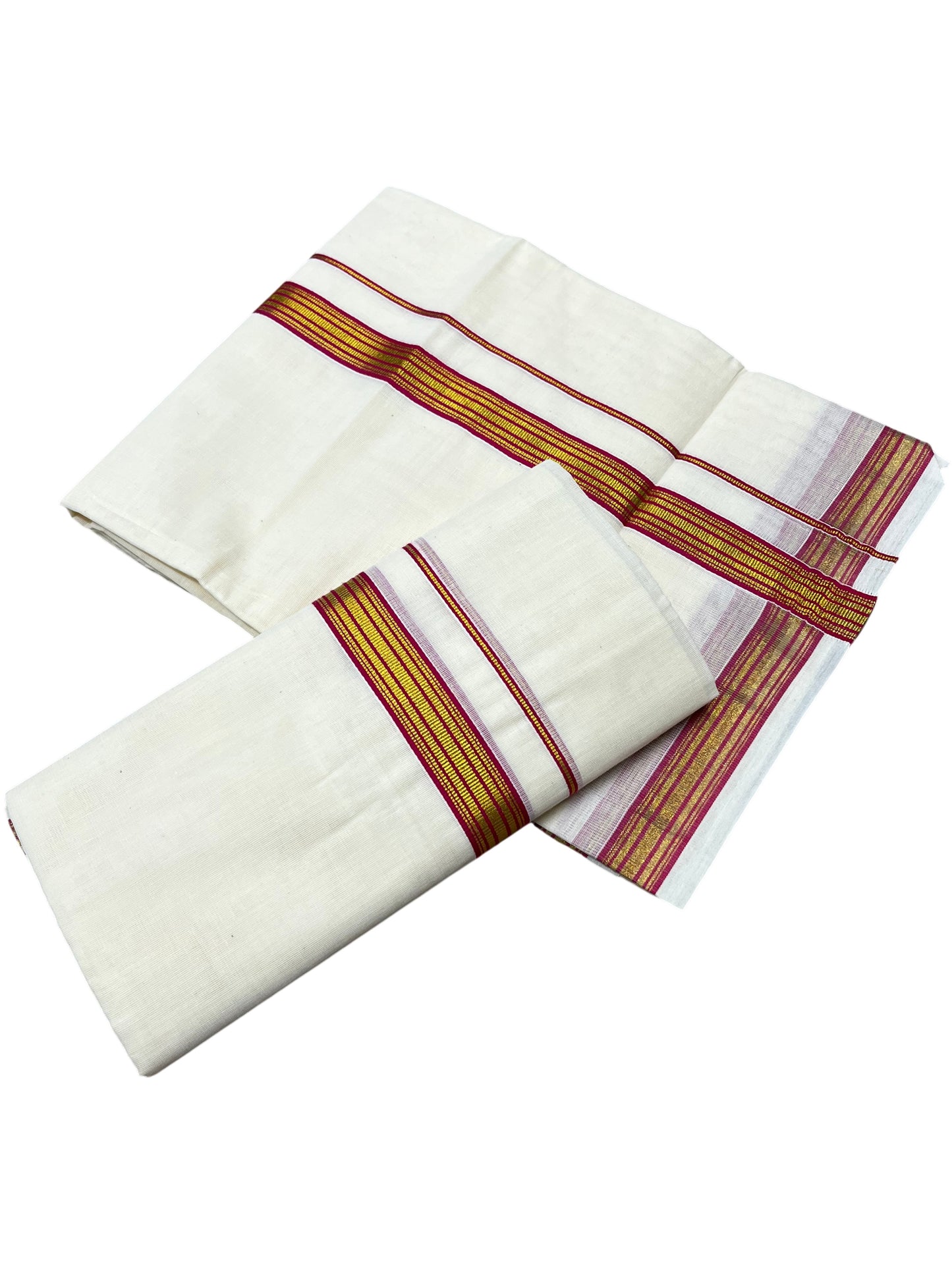 Southloom Pure Cotton Kerala Single Set Mundu (Mundum Neriyathum) with Magenta Kasavu Border in 2.80 Mtrs