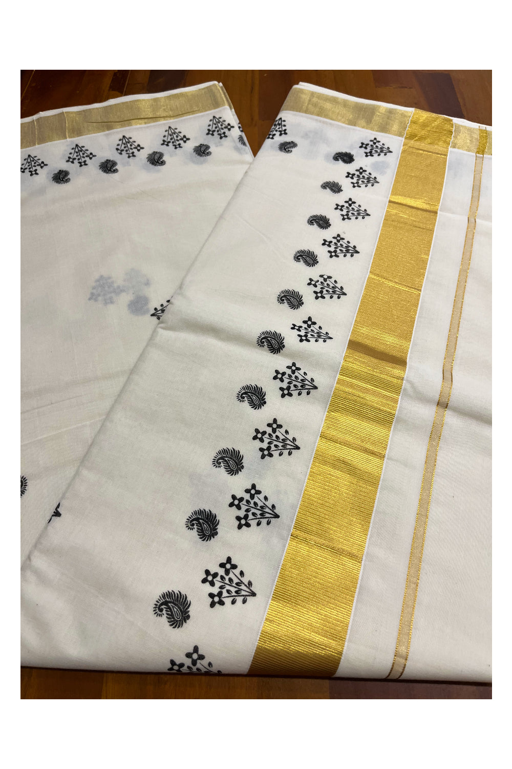 Pure Cotton Kerala Kasavu Saree with Black Block Prints and Kasavu Border