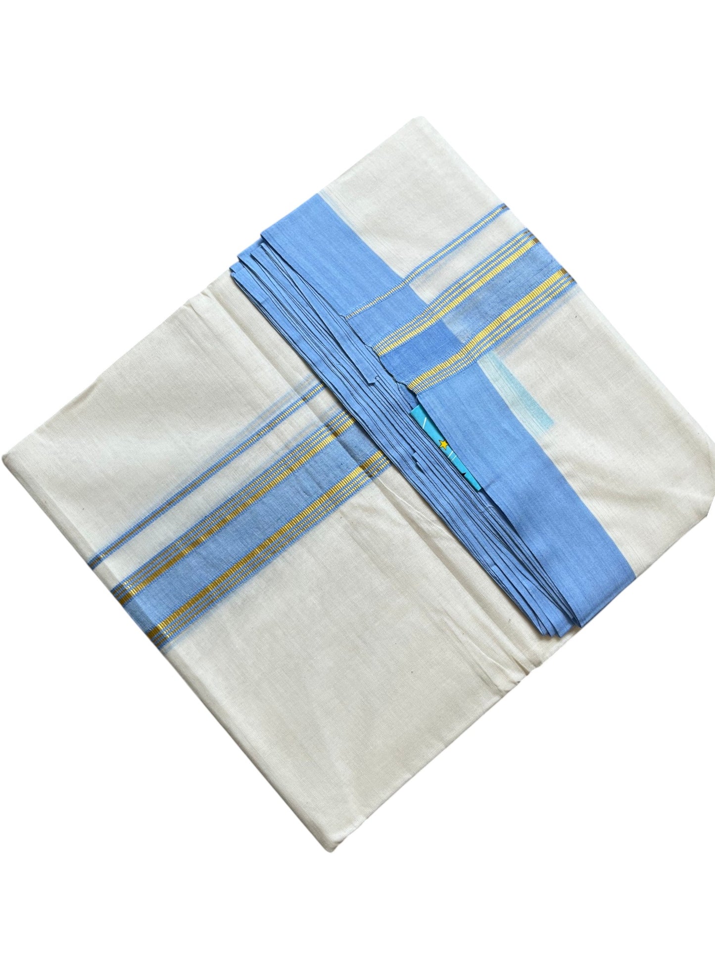 Southloom Pure Cotton Mundu with Golden Lines and Blue Border (South Indian Kerala Dhoti)