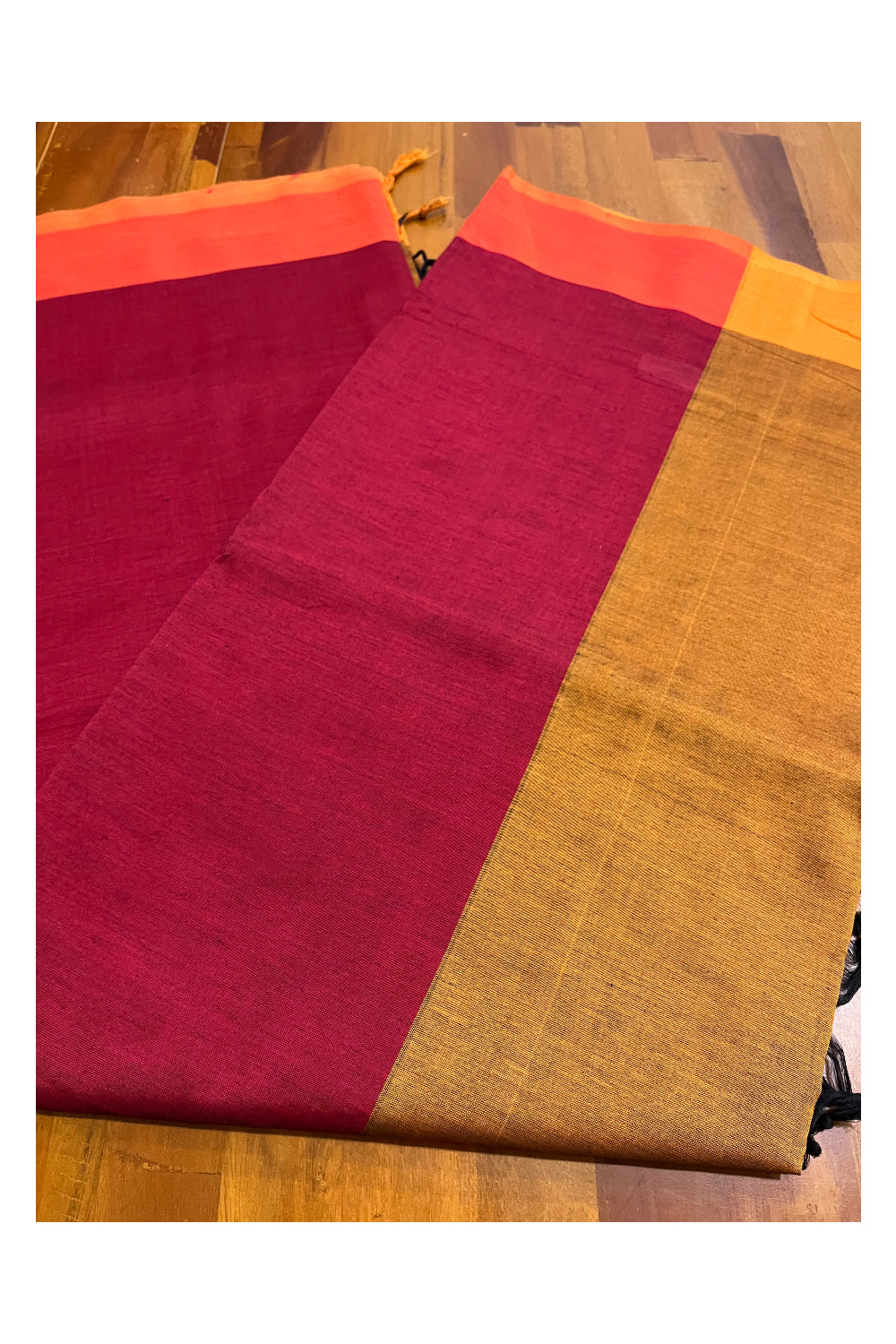 Southloom Cotton Maroon Plain Saree with Light Brown on Pallu