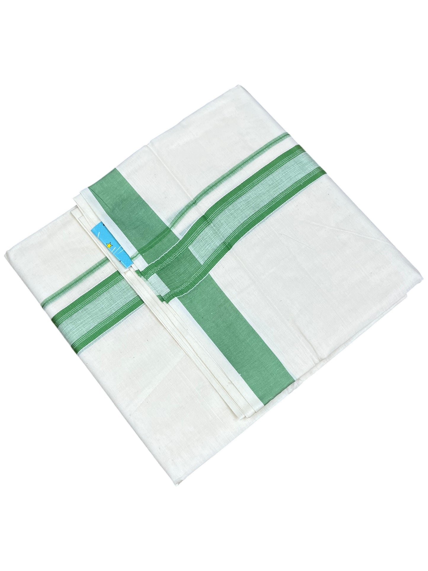Southloom Kerala Pure Cotton Double Mundu with Green Border (South Indian Kerala Dhoti)