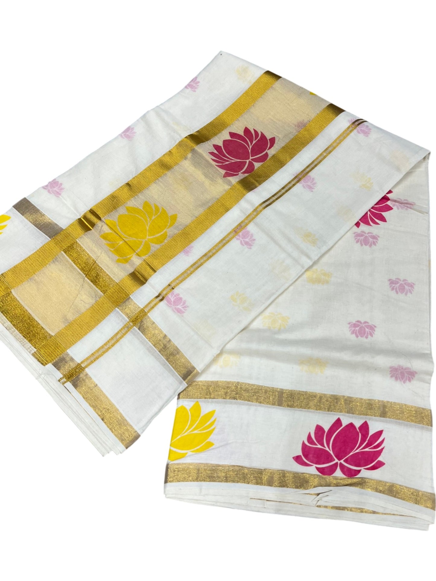 Southloom Cotton Kerala Kasavu Saree with Lotus Block Prints on Body and Border in Yellow and Pink