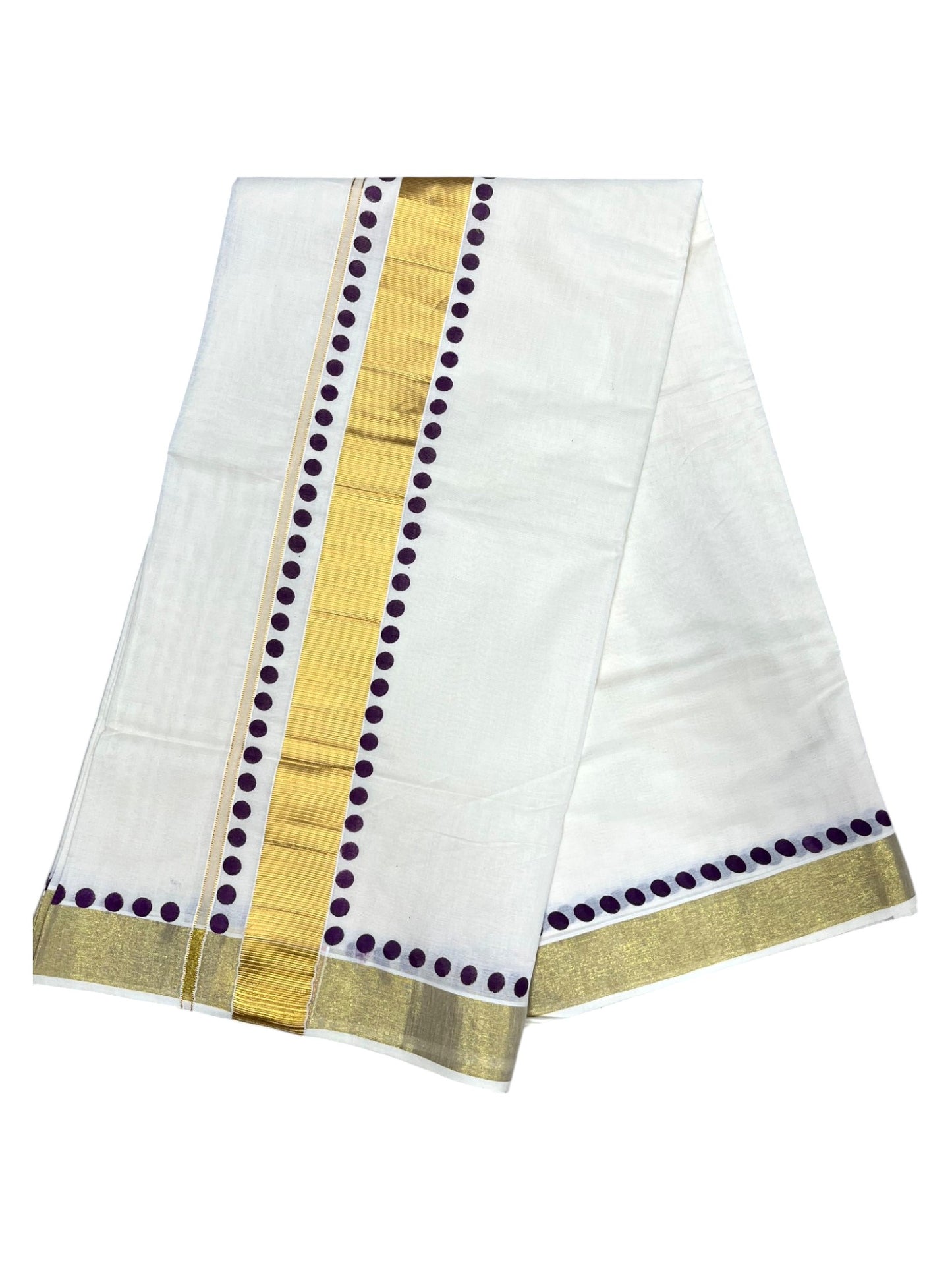 Southloom Cotton Kerala Kasavu Saree with Purple Polk Dots Design Border
