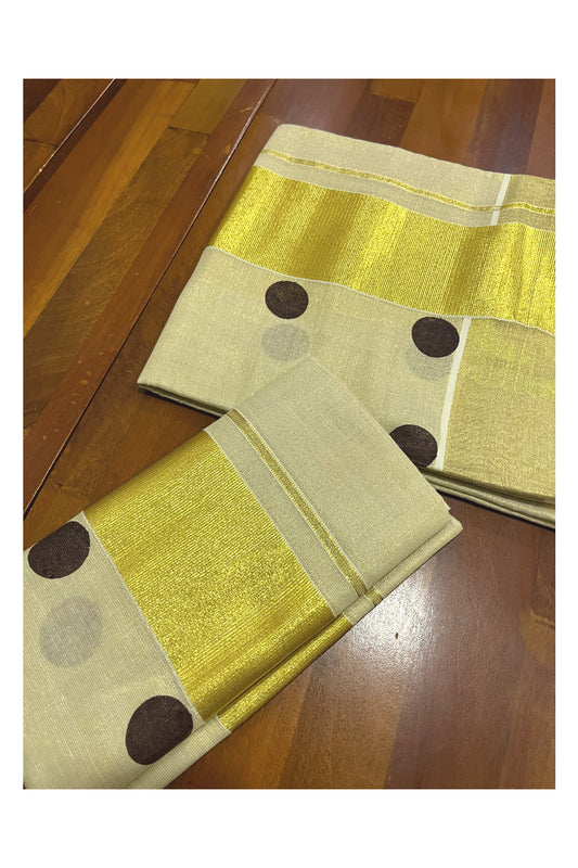 Kerala Tissue Kasavu Set Mundu (Mundum Neriyathum) with Brown Polka Designs 2.80 Mtrs