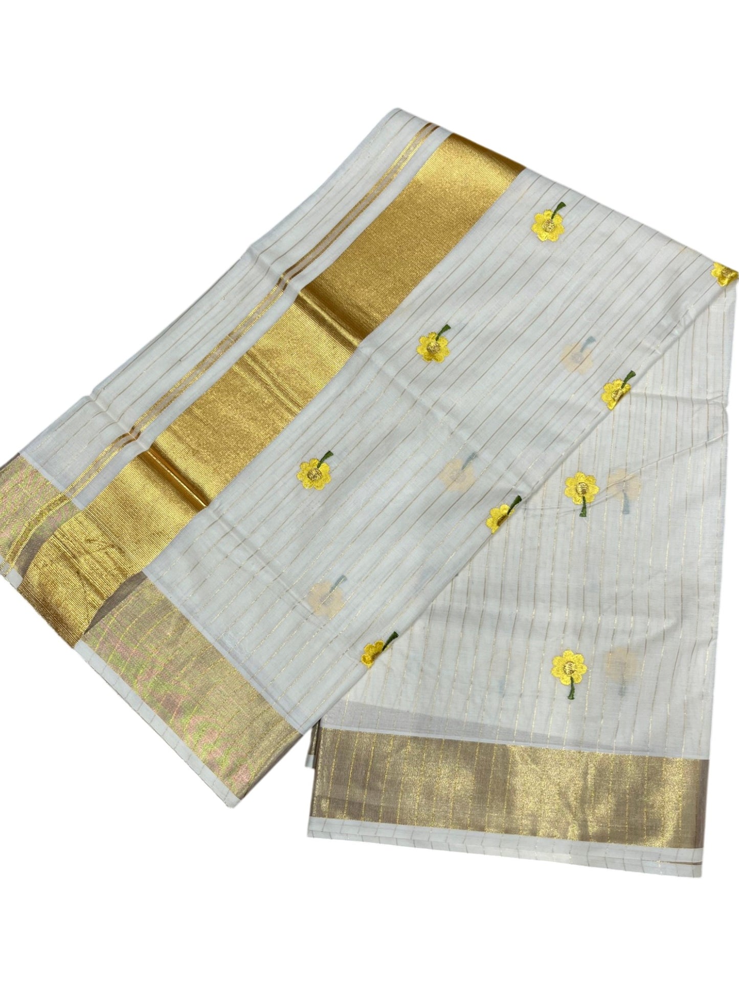 Southloom Cotton Kerala Kasavu Lines Saree with Yellow Floral Embroidery Work on Body