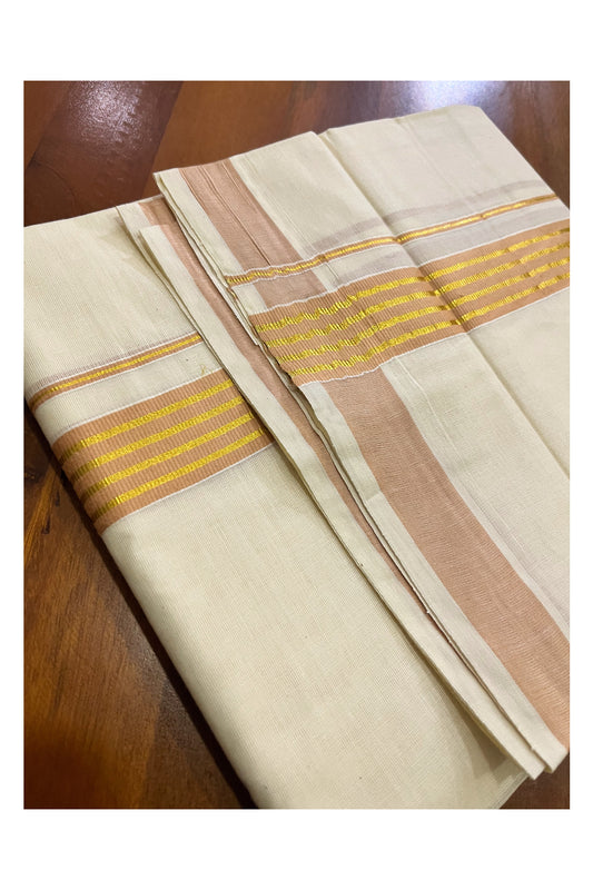 Off White Kerala Cotton Double Mundu with Kasavu and Beige Border (South Indian Kerala Dhoti)