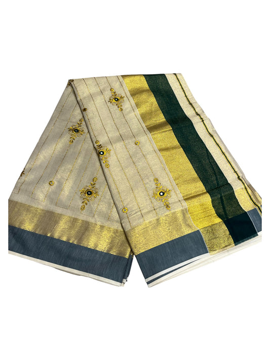 Kerala Tissue Kasavu Lines Saree with Golden And Green Embroidery Works