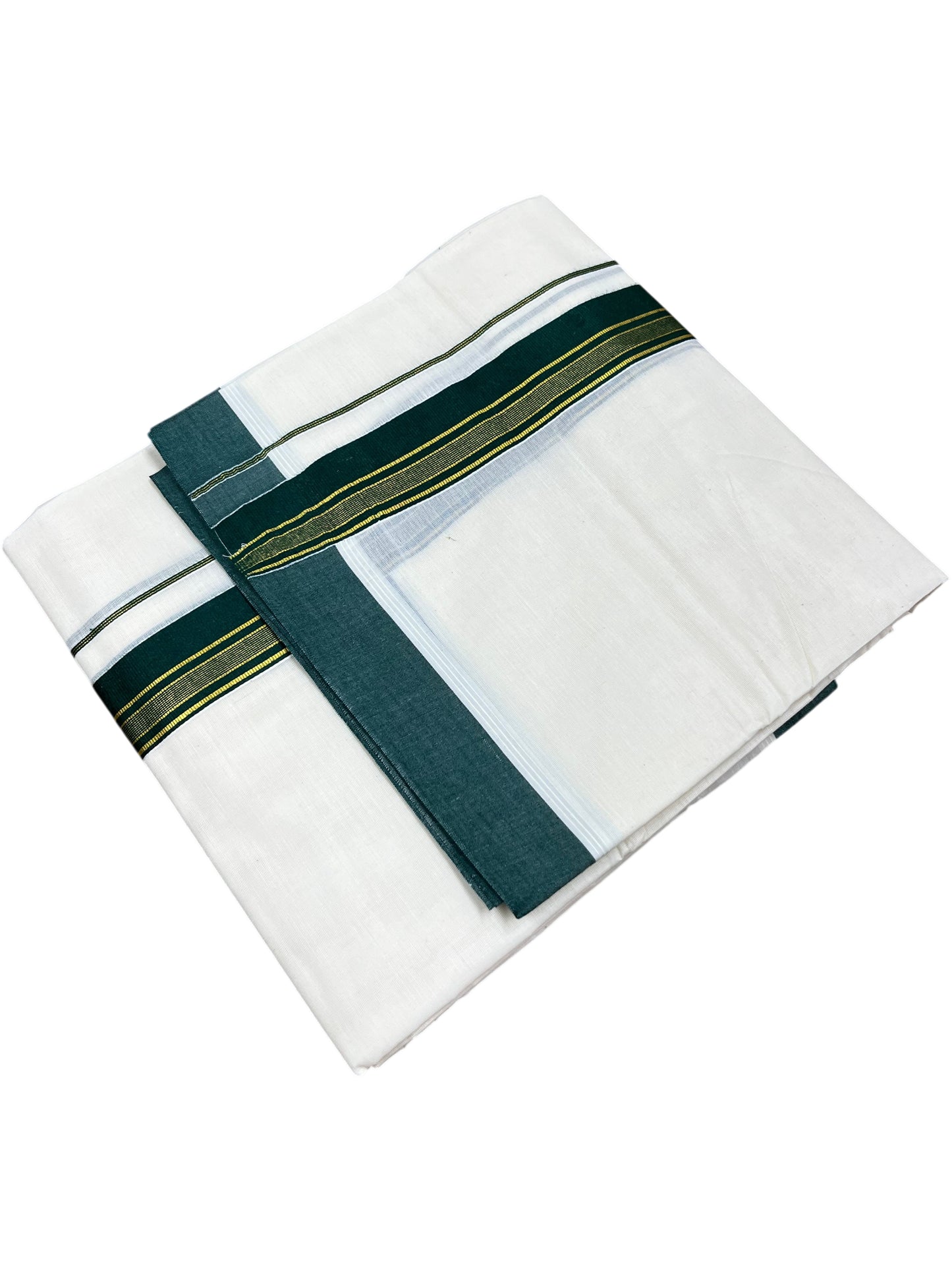 Southloom Pure Cotton Mundu with Green & Gold Kasavu Border (South Indian Kerala Dhoti)