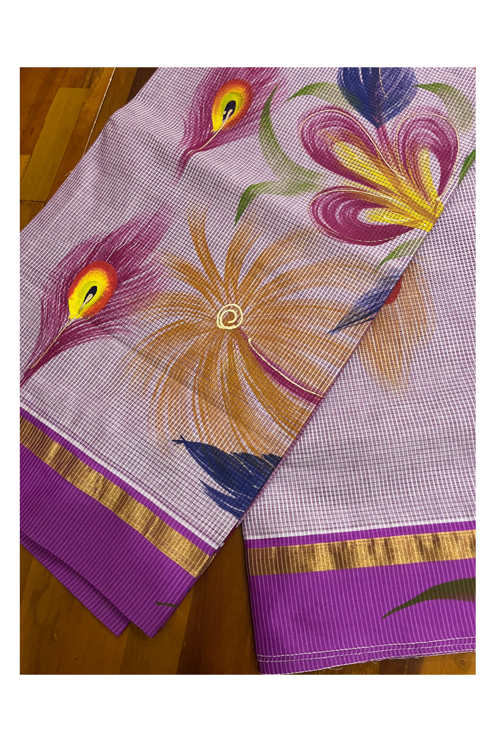 Kerala Cotton Kasavu Saree with Brush Painted Floral Designs and Magenta Border