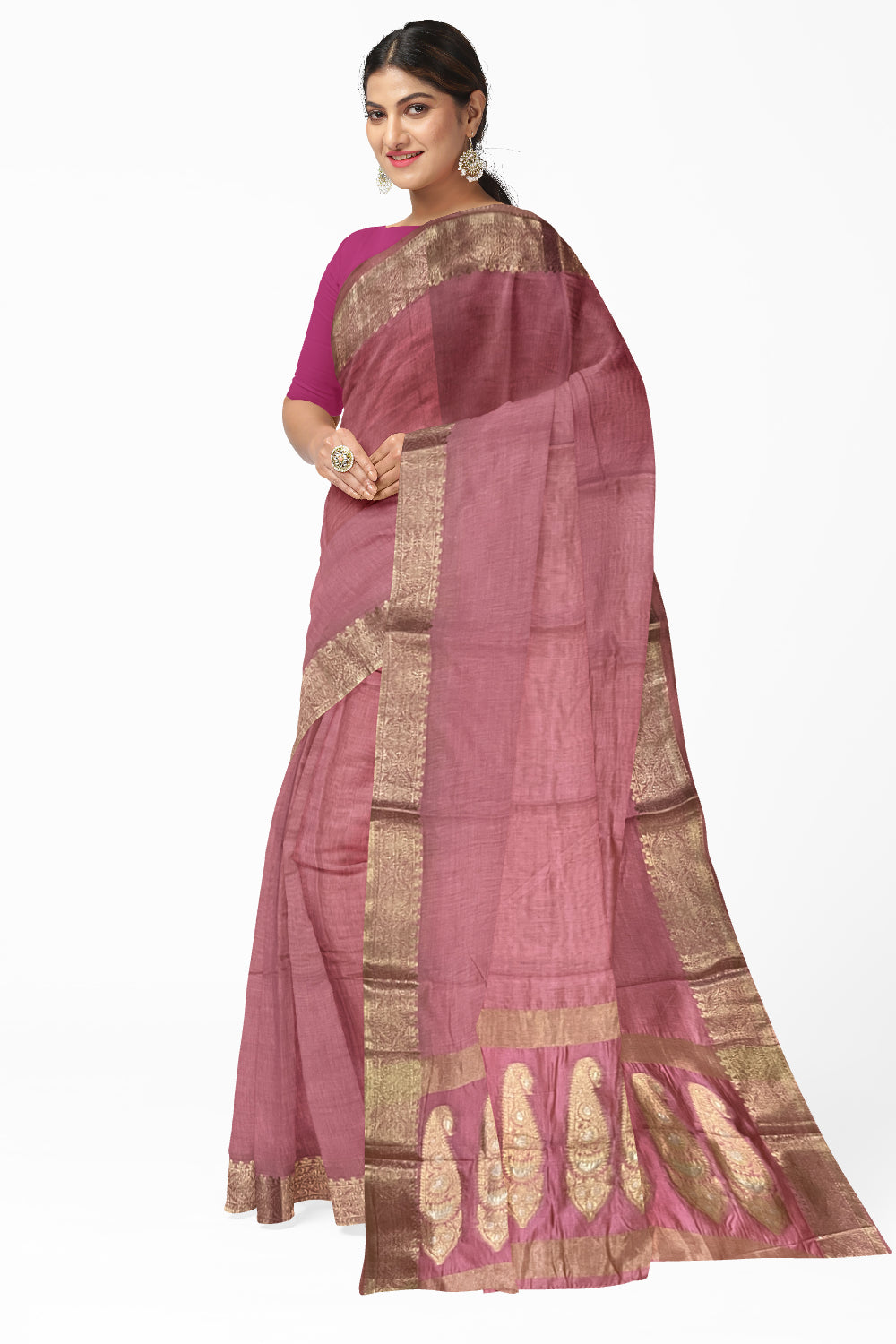 Southloom Cotton Plain Pink Saree with Kasavu Woven Border