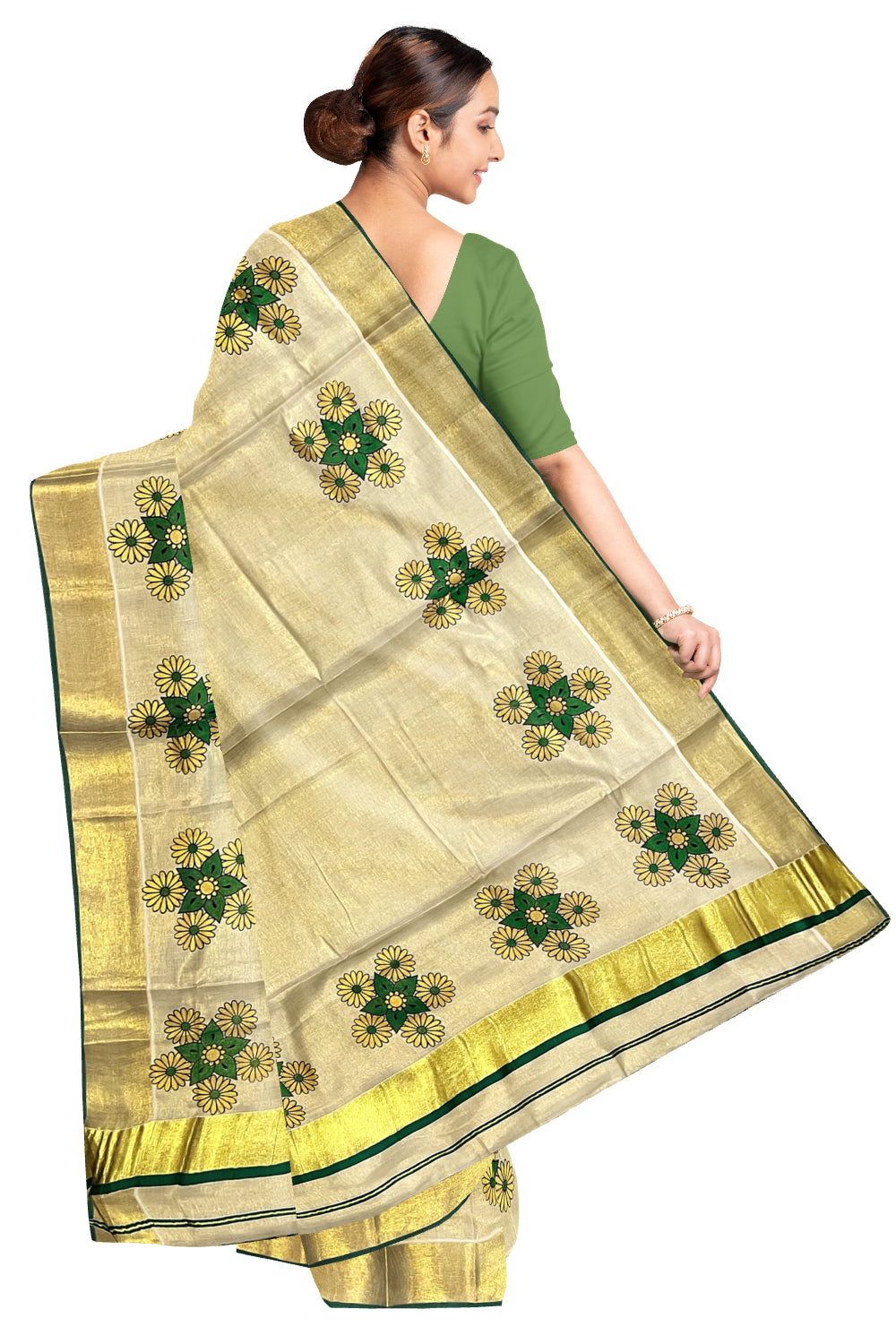 Kerala Tissue Kasavu Saree with Mural Floral Printed Design and Green Border