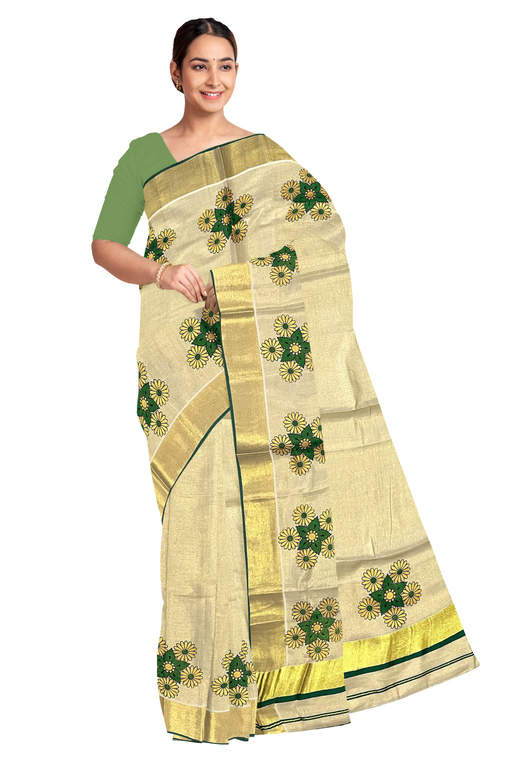 Kerala Tissue Kasavu Saree with Mural Floral Printed Design and Green Border