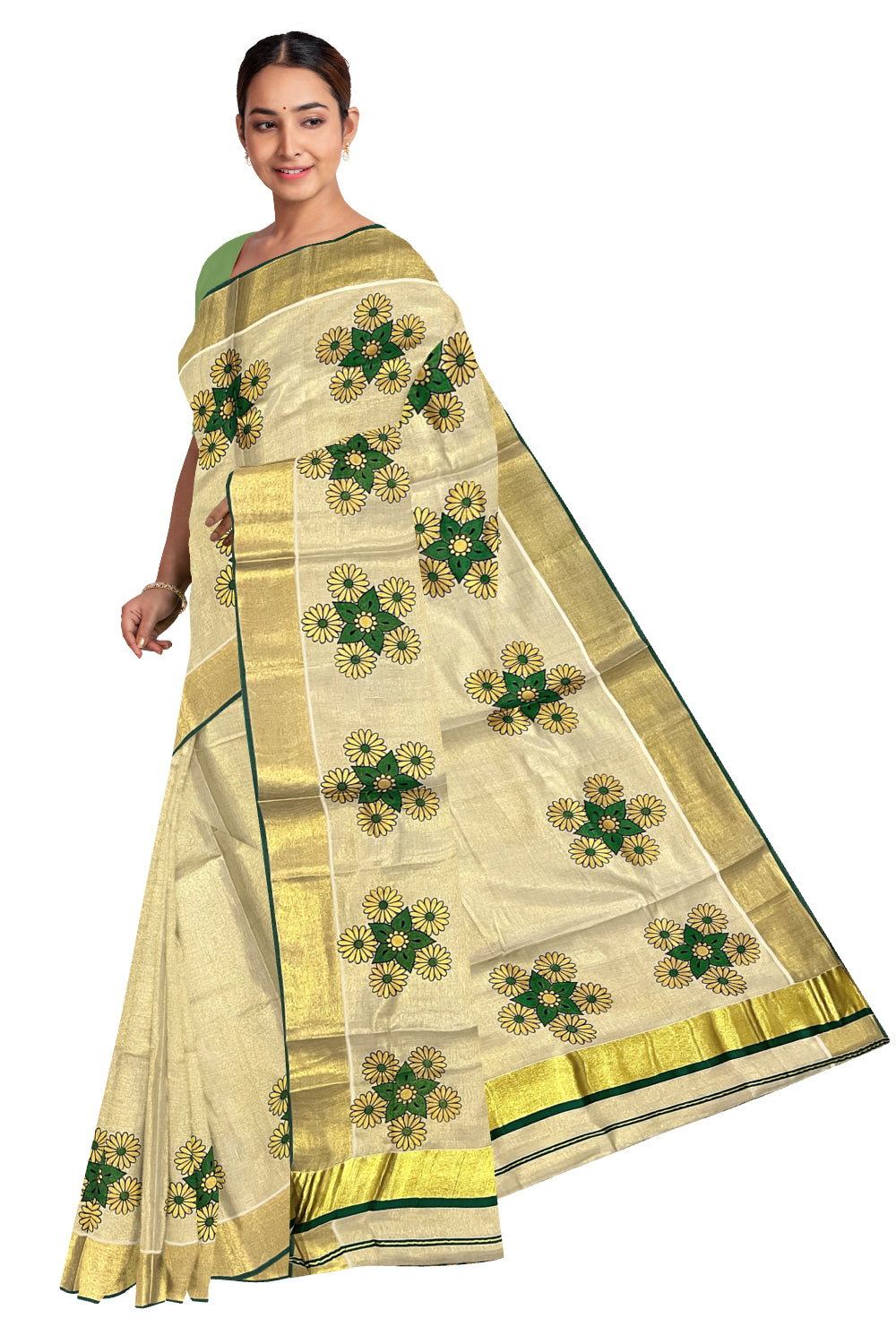 Kerala Tissue Kasavu Saree with Mural Floral Printed Design and Green Border