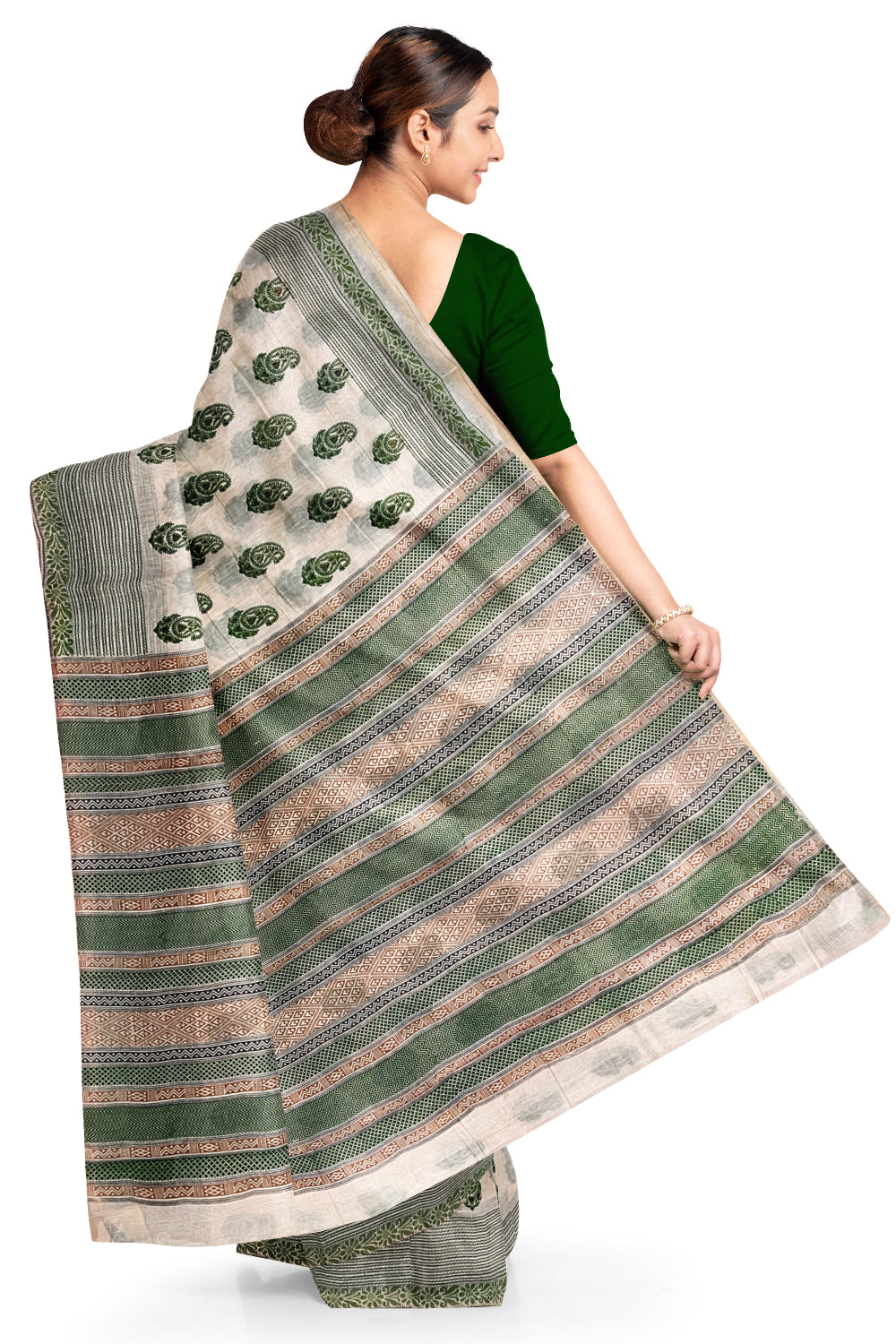 Southloom Cotton Light Brown Saree with Green Paisley Prints