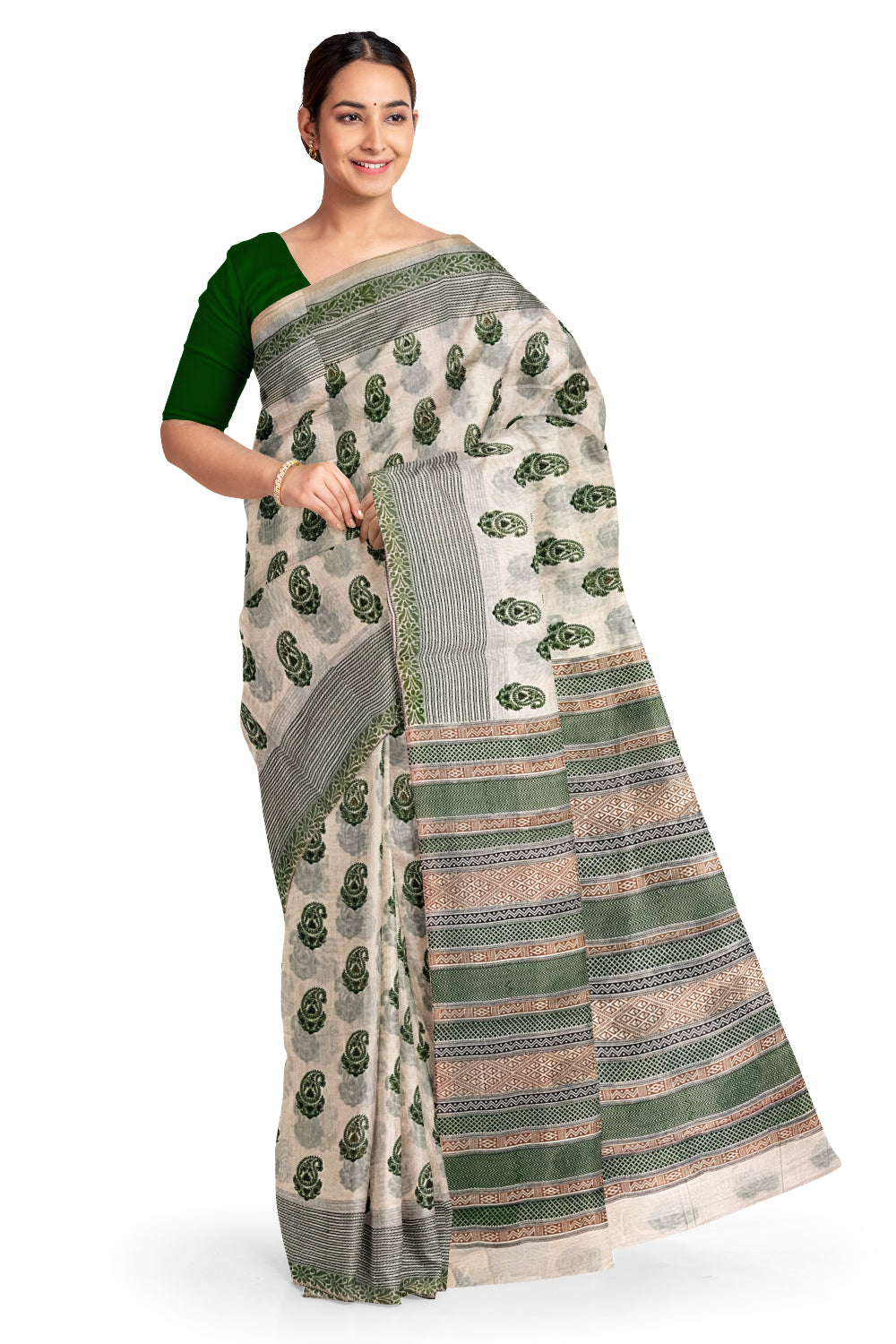 Southloom Cotton Light Brown Saree with Green Paisley Prints