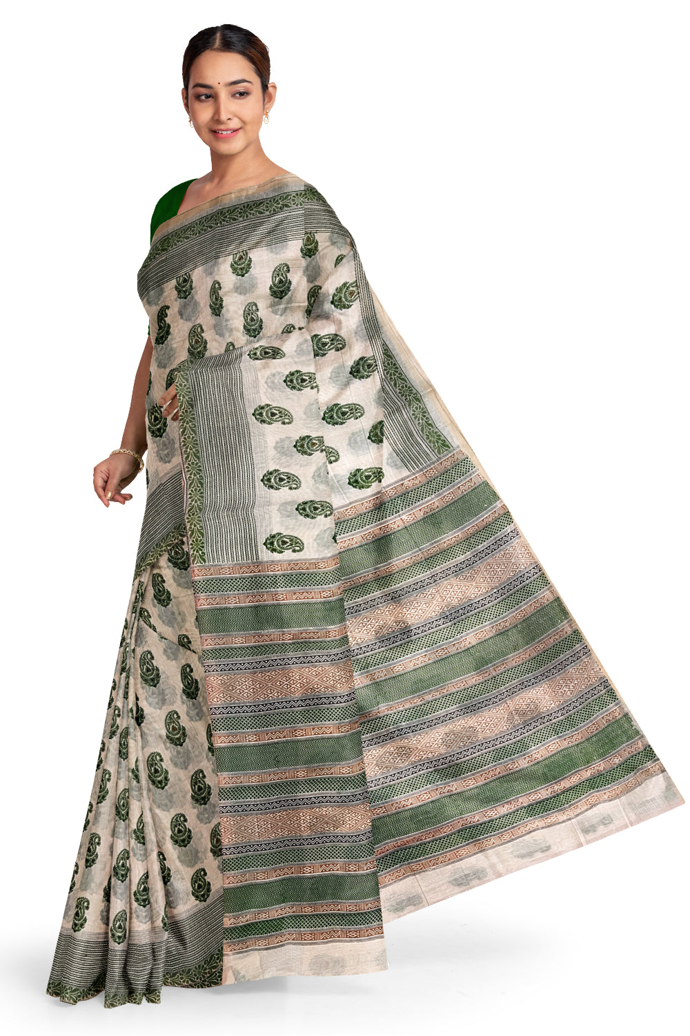 Southloom Cotton Light Brown Saree with Green Paisley Prints