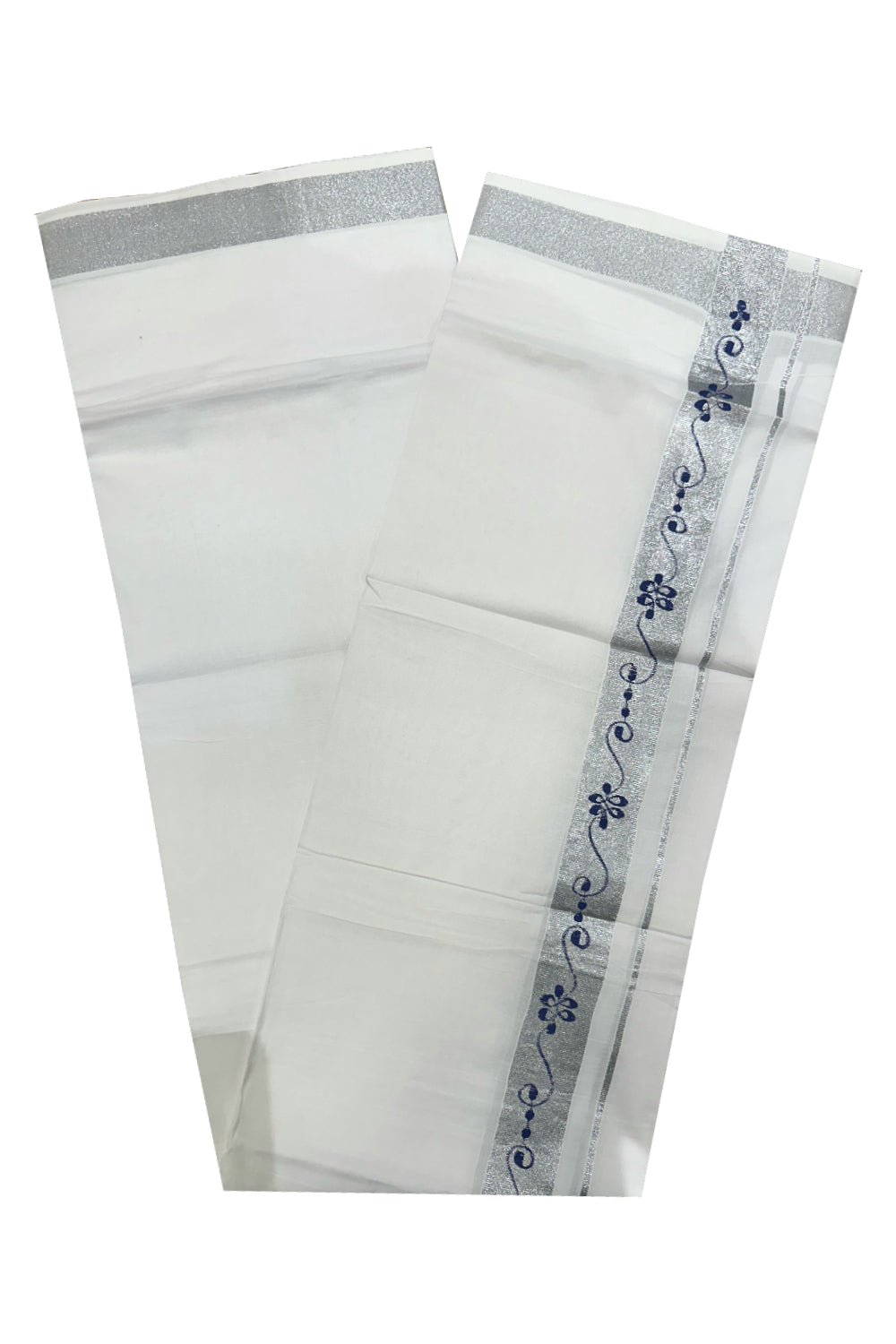 Pure White Cotton Double Mundu with Blue Prints on Silver Kasavu Border (South Indian Kerala Dhoti)