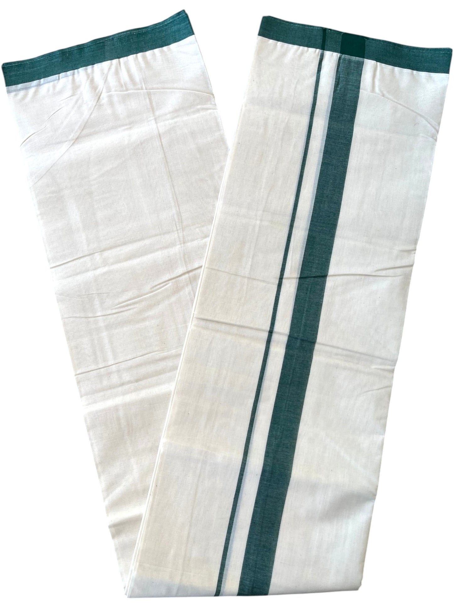 Southloom Kerala Pure Cotton Double Mundu with Green Border (South Indian Kerala Dhoti)