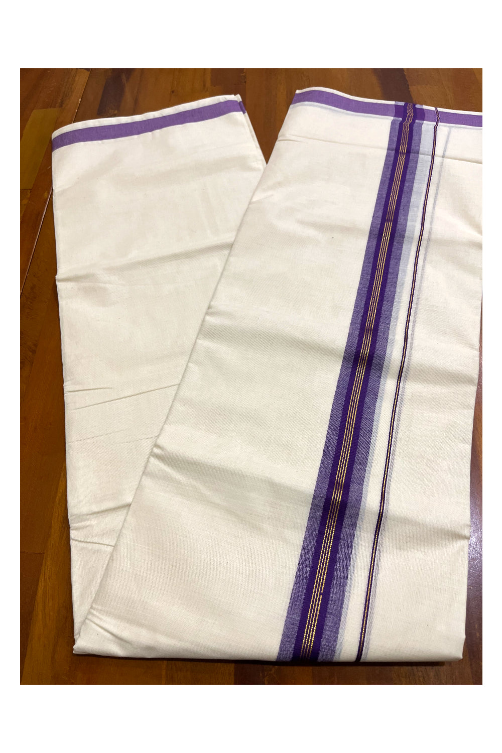 Kerala Pure Cotton Double Mundu with Kasavu and Violet Border (South Indian Kerala Dhoti)