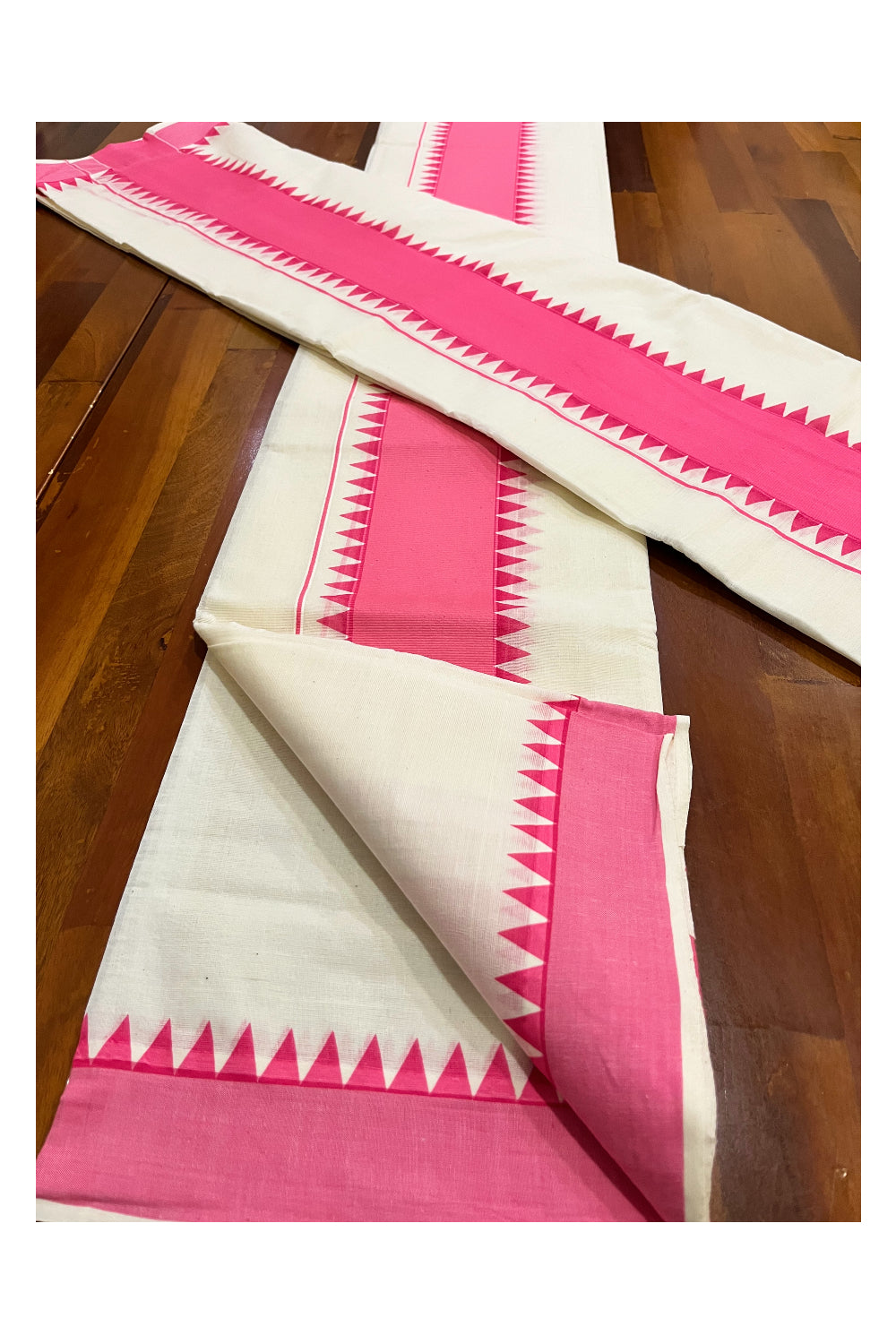 Kerala Pure Cotton Set Mundu Single (Mundum Neriyathum) with Pink Temple Border 2.80 Mtrs