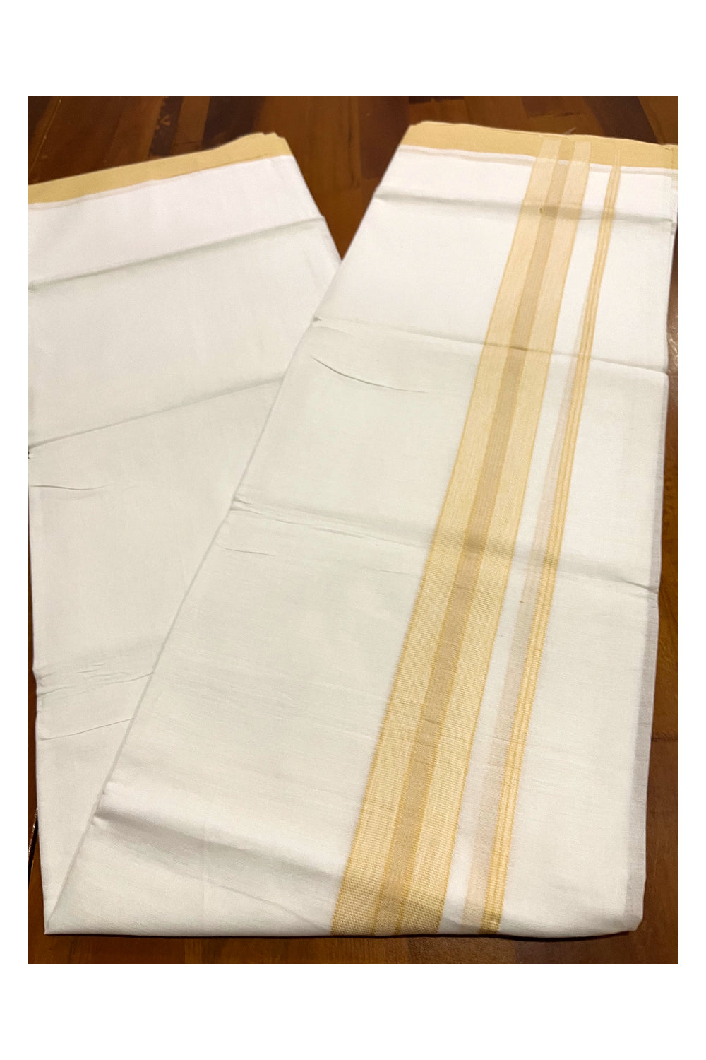 Pure White Cotton Double Mundu with Yellow Border (South Indian Kerala Dhoti)