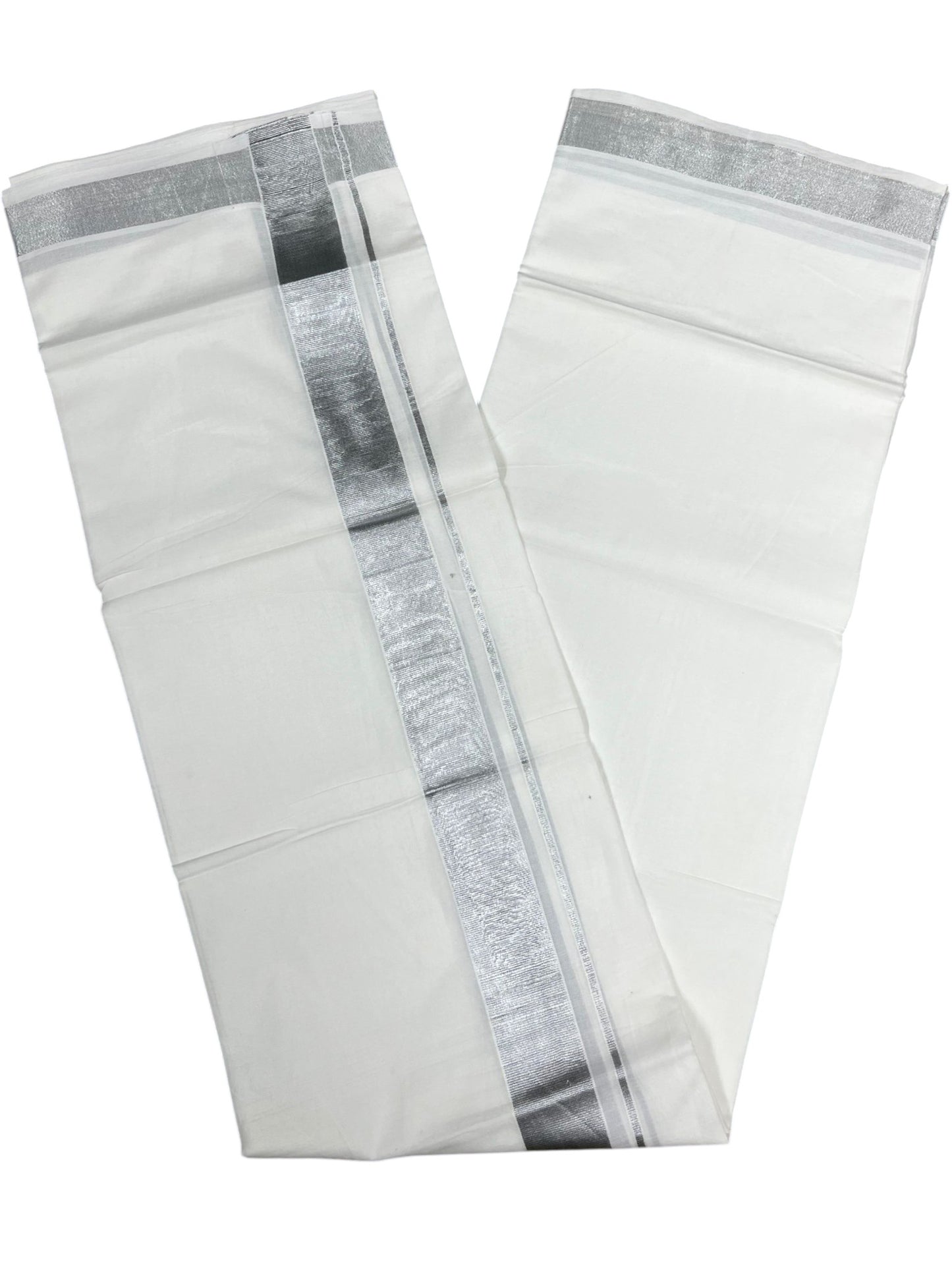 Southloom Kerala Pure White Cotton Double Mundu with Silver Line Border (South Indian Dhoti)