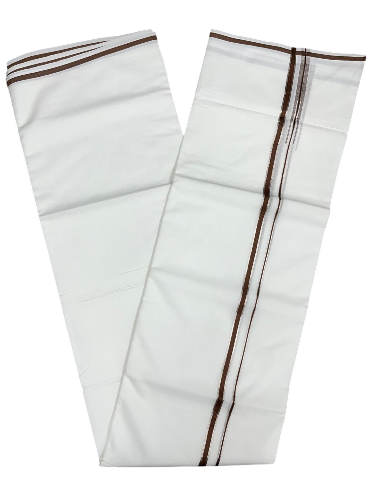 Southloom Pure White Cotton Double Mundu with Silver and Brown Border (South Indian Dhoti)