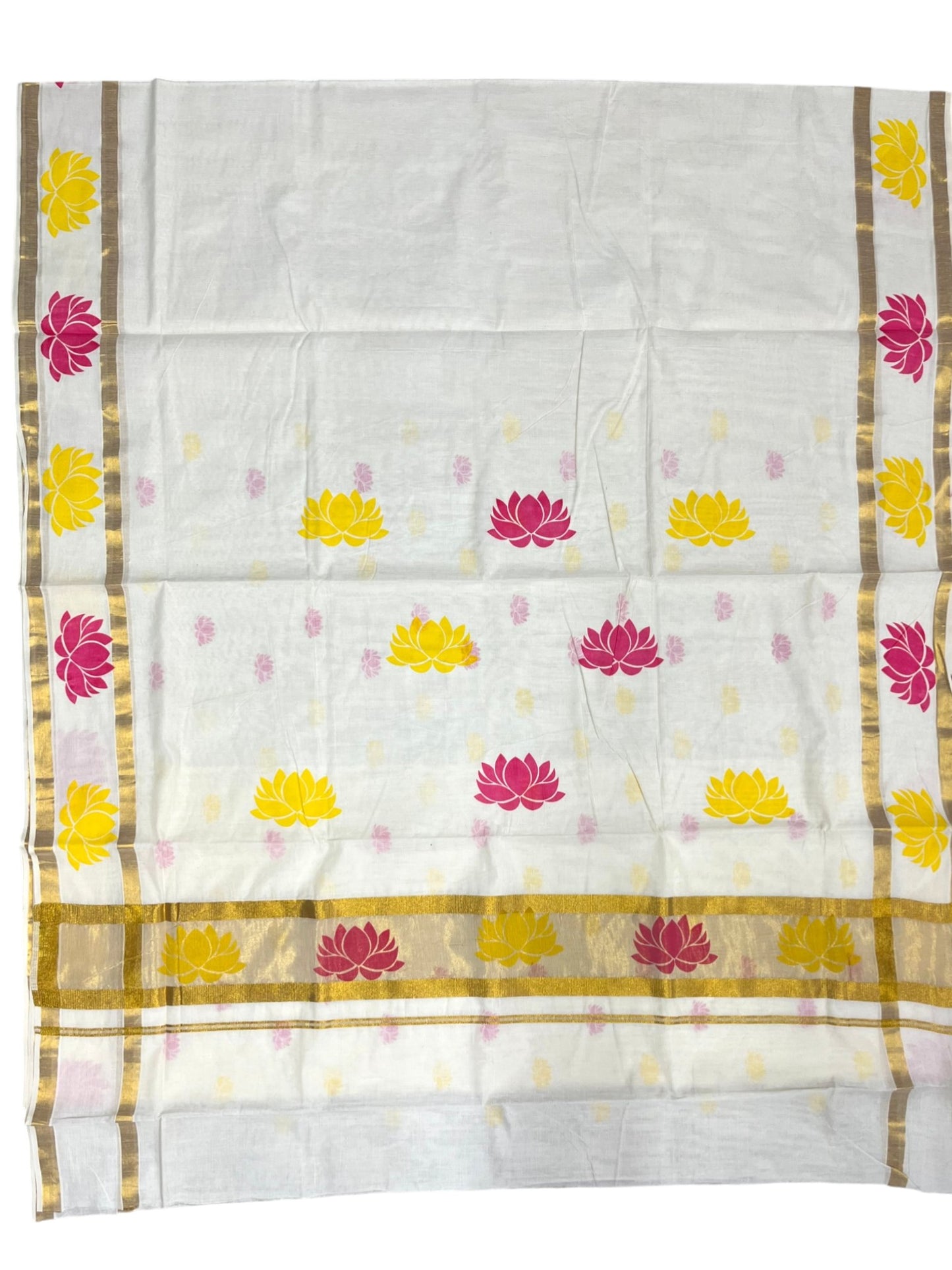 Southloom Cotton Kerala Kasavu Saree with Lotus Block Prints on Body and Border in Yellow and Pink