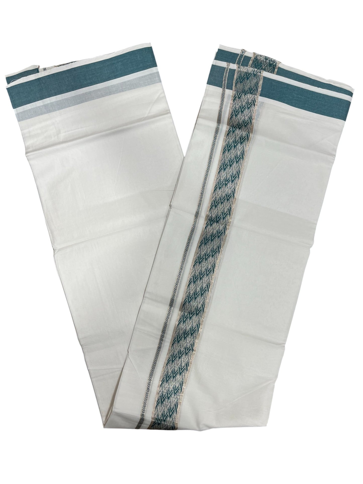 Southloom Kerala Pure White Cotton Double Mundu with Silver Lines & Green Border (South Indian Dhoti)