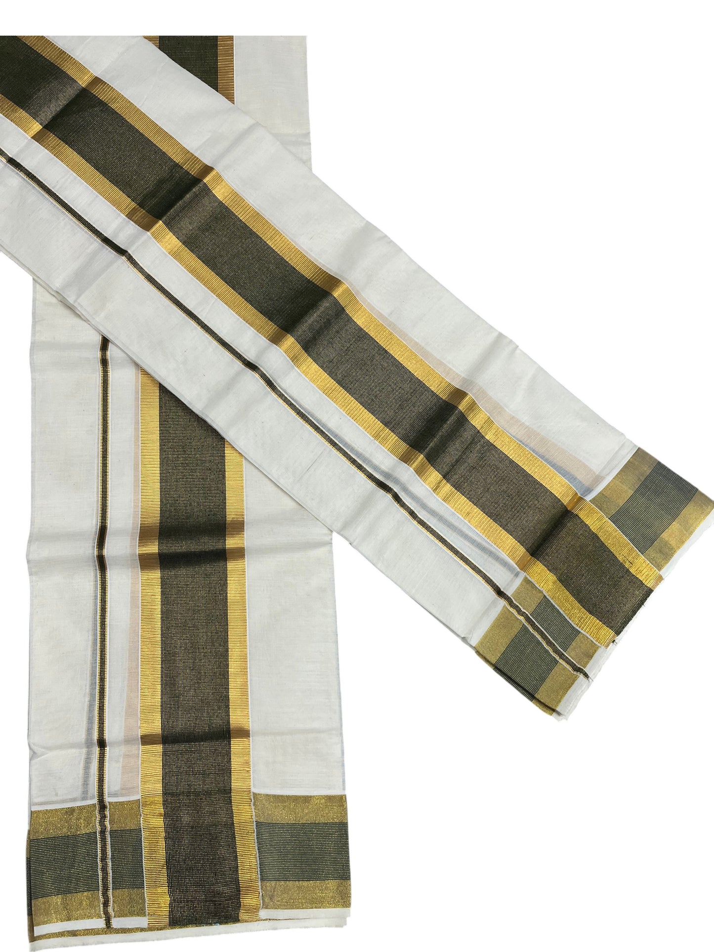 Southloom Pure Cotton Kerala Single Set Mundu (Mundum Neriyathum) with  Green and Kasavu Border 2.80 Mtrs SLKK