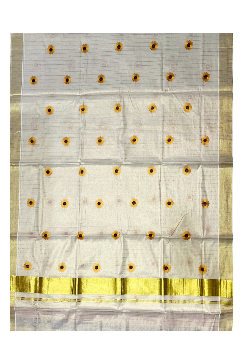 Southloom Kerala Tissue Kasavu Lines Saree with Yellow Floral Embroidery Works on Body