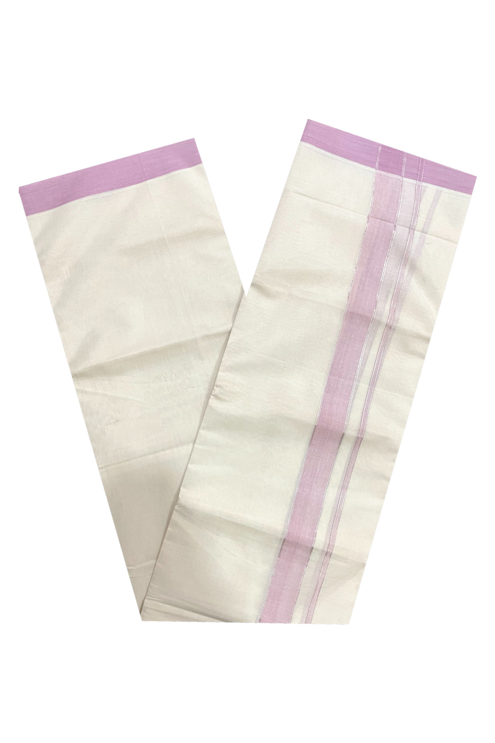 Pure Cotton 100x100 Double Mundu with Silver Kasavu and Pink Kara (Onam Mundu 2023)