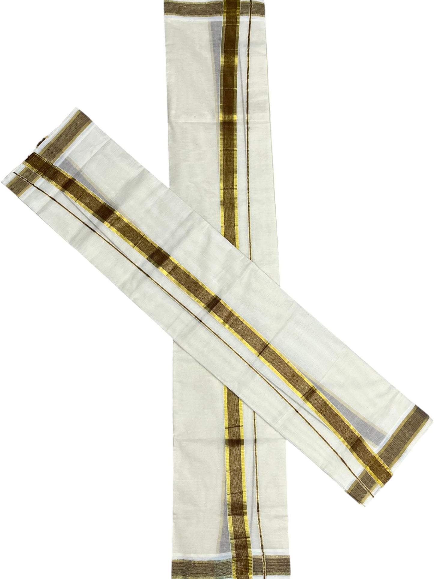 Kerala Cotton Set Mundu (Mundum Neriyathum) with Kasavu and Red & Olive Green Lines Border 2.80 Mtrs SLKK SL470