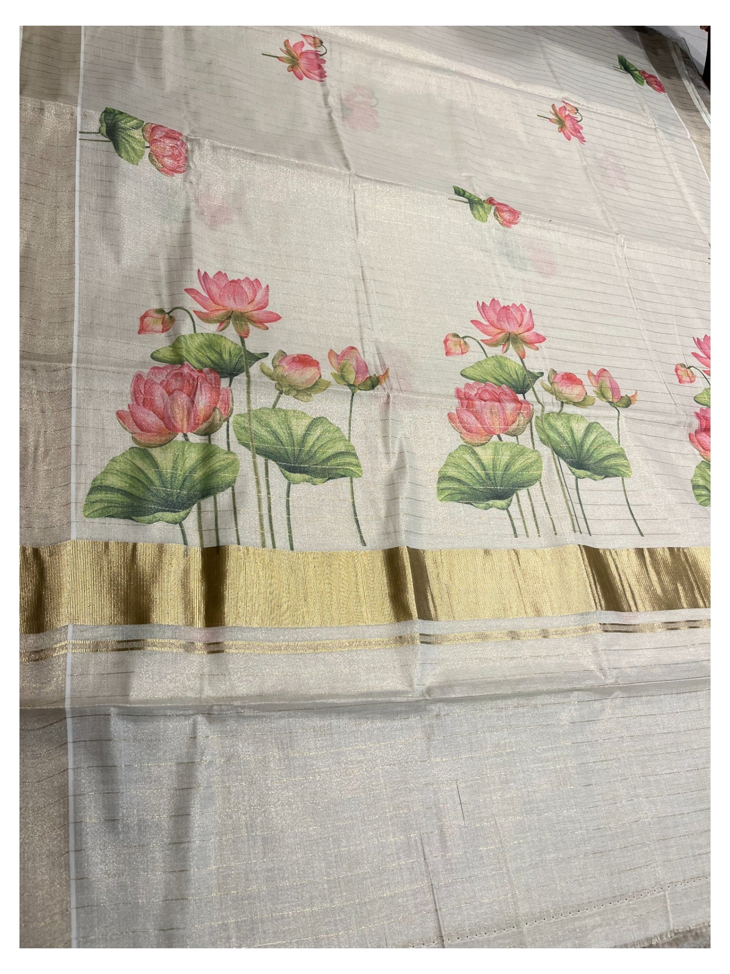 Southloom Kerala Lines Tissue Lotus Print Kasavu Saree