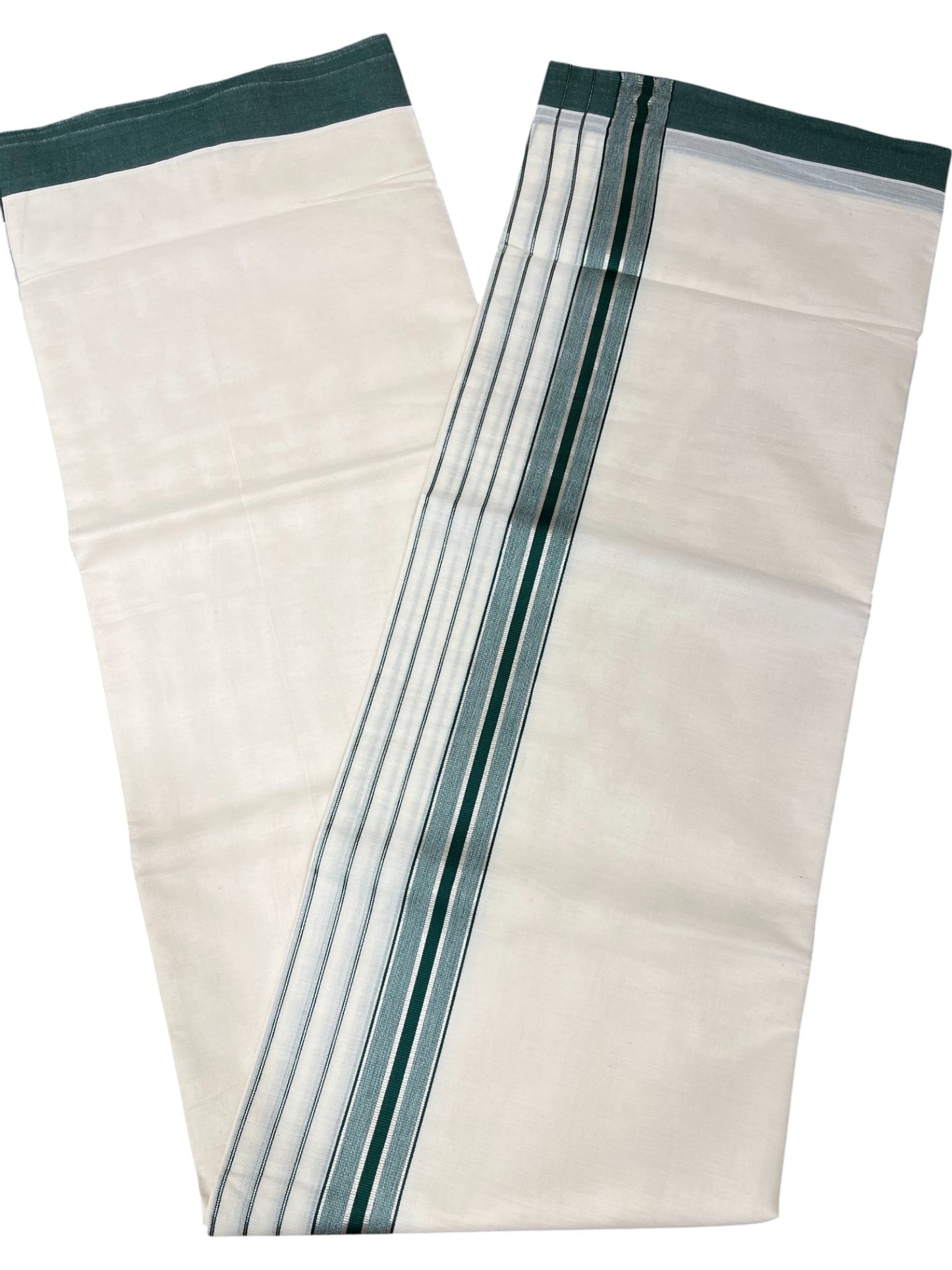 Southloom Kerala Pure Cotton Double Mundu with Green And Silver Lines Border (South Indian Dhoti)