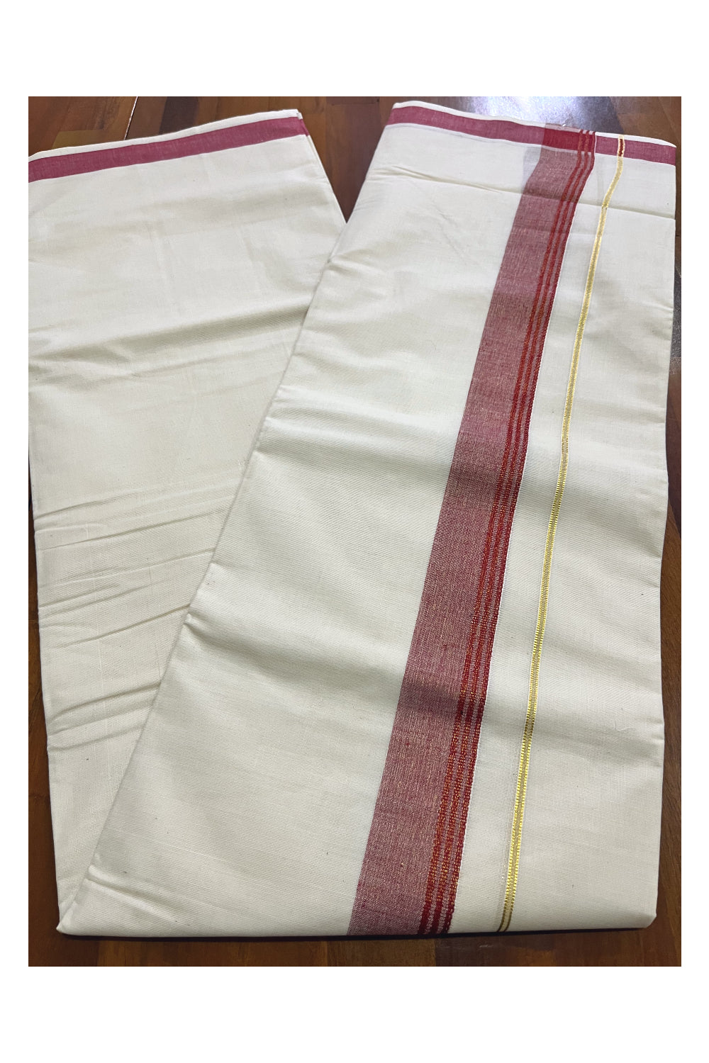 Off White Kerala Cotton Double Mundu with Kasavu and Maroon Border (South Indian Kerala Dhoti)