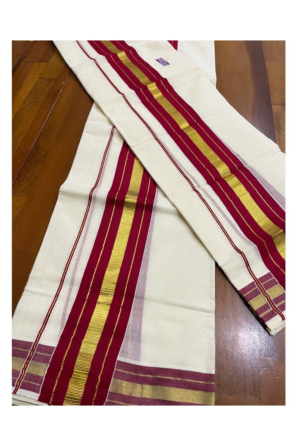 Kerala Cotton Set Mundu (Mundum Neriyathum) with Maroon and Kasavu Border 2.80 Mtrs