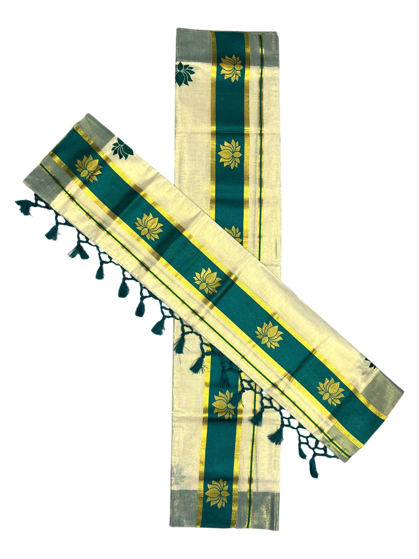 Southloom Kerala Cotton Kasavu Single Set Mundu (Mundum Neriyathum) with Lotus Design in Peacock Green