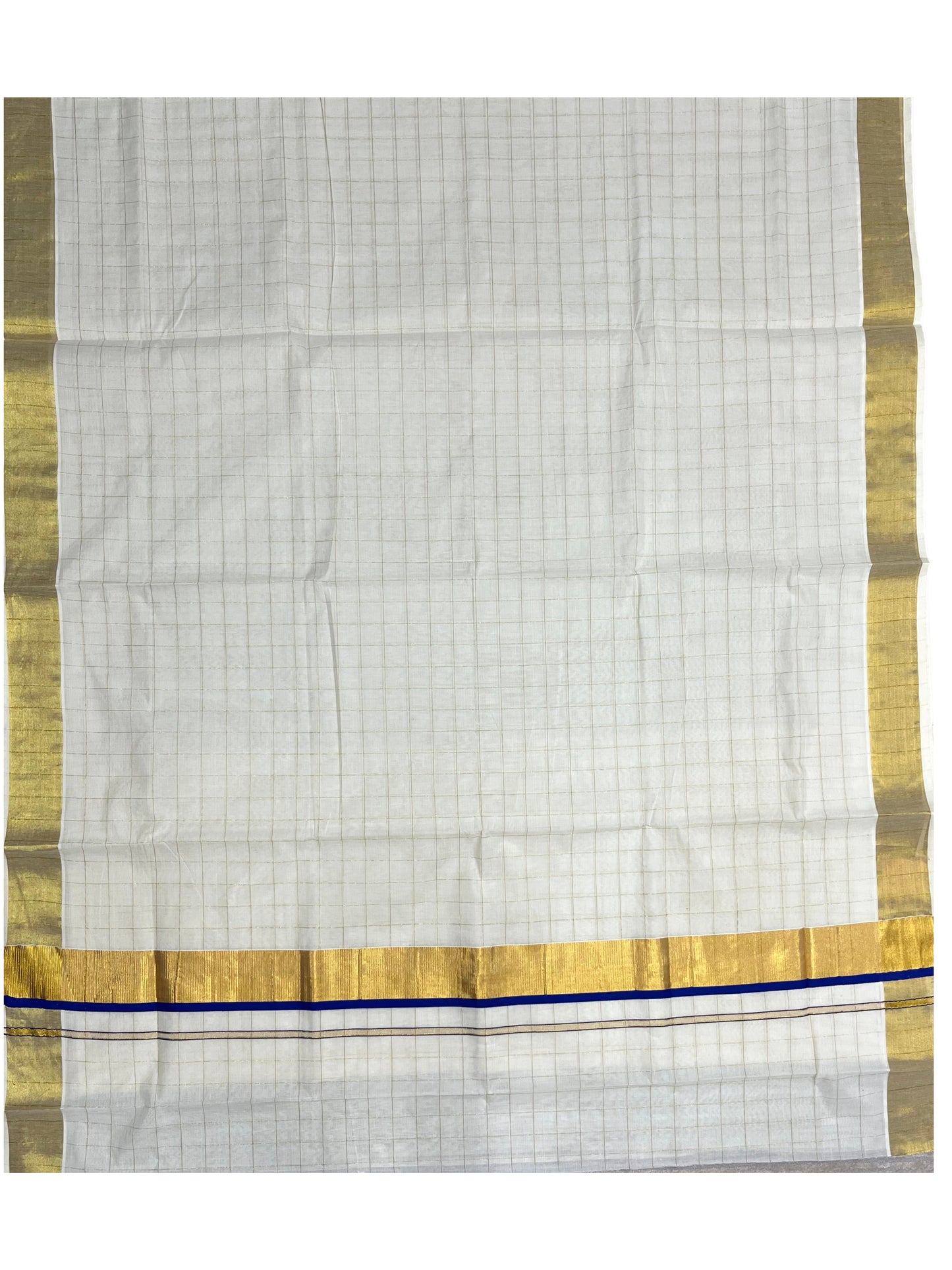 Southloom Pure Cotton  Kerala  Kasavu Woven Check Saree with Blue Border