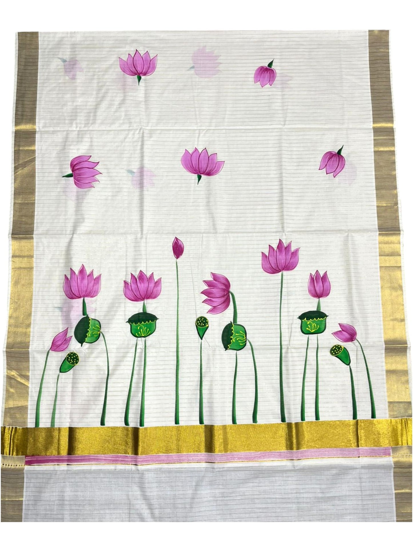 Southloom Cotton Kerala Kasavu Saree with Hand Painted Lotus Design