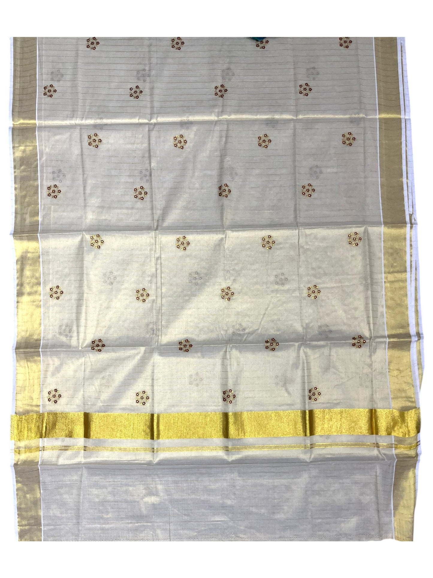 Southloom Kerala Tissue Kasavu Lines Saree with Maroon Floral Embroidery Design on Body