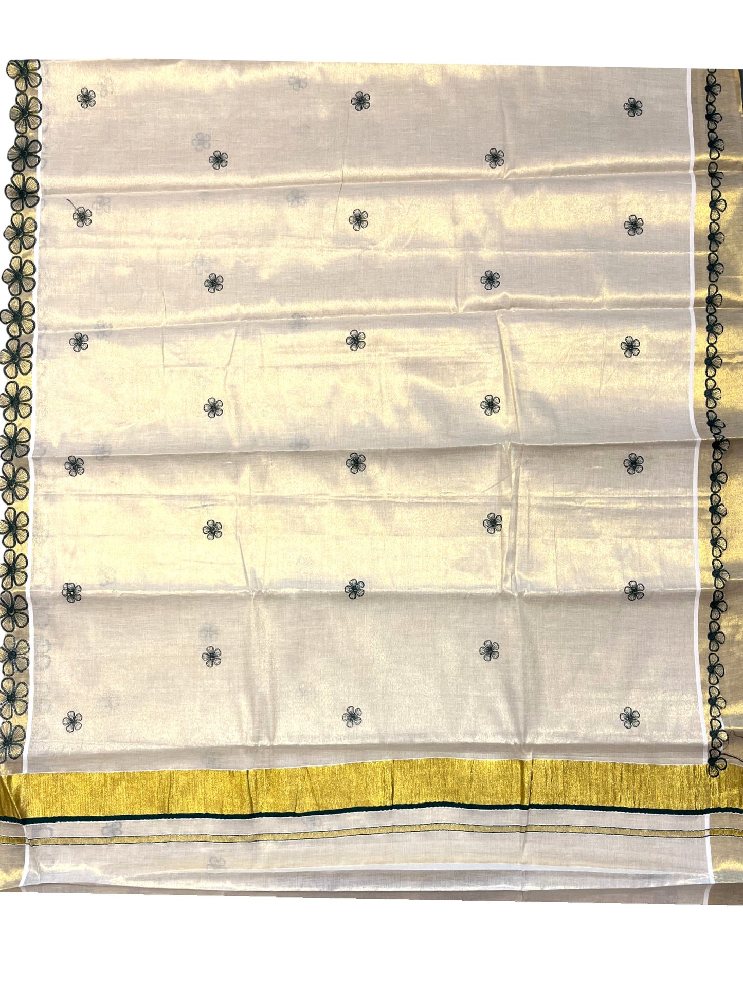 Southloom Kerala Tissue Kasavu Saree with Green Floral Embroidery on Body and Border